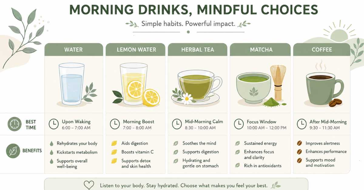Infografik: Die besten Morgengetränke im Vergleich – Wasser, Tee, Matcha, Kaffee