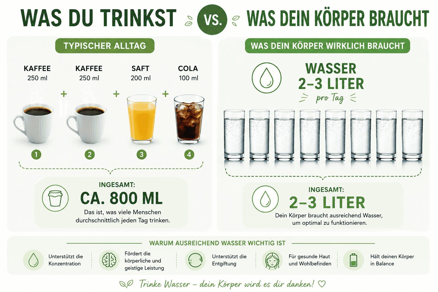 Infografik: Was du täglich trinkst (ca. 800 ml) vs. was dein Körper wirklich braucht (2–3 Liter Wasser pro Tag)