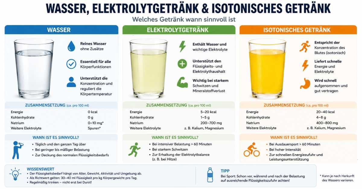Drei Gläser im Vergleich: Wasser, Elektrolytgetränk und isotonisches Sportgetränk