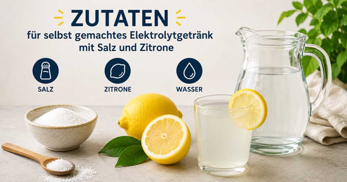 Zutaten für ein selbst gemachtes Elektrolytgetränk: Salz, Zitrone und Wasser