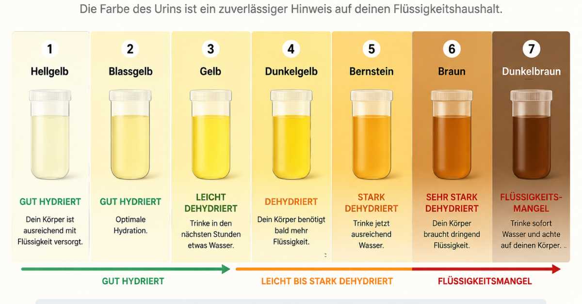 Urinfarben-Skala zur Einschätzung des Hydrationsstatus von hellgelb bis dunkelbraun