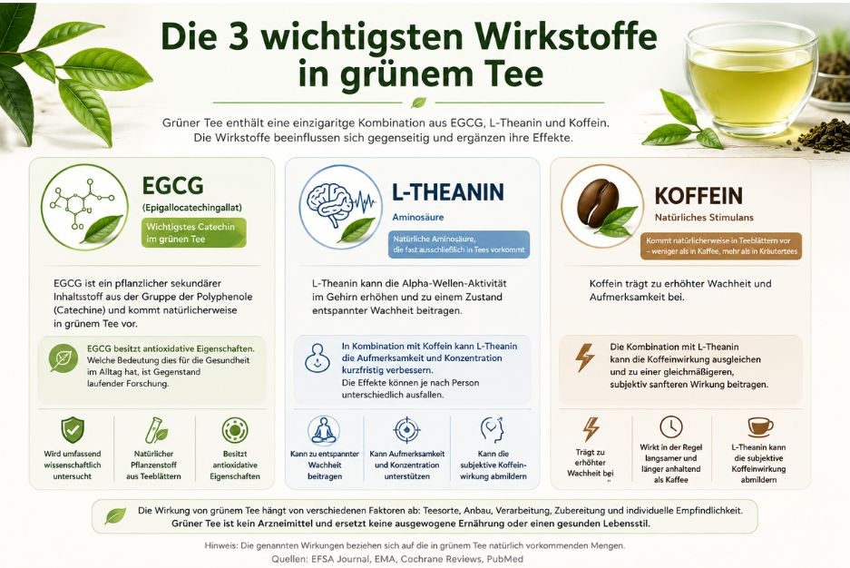 Infografik: Die drei Wirkstoffe von grünem Tee im Überblick: EGCG, L-Theanin und Koffein mit Beschreibung und Eigenschaften
