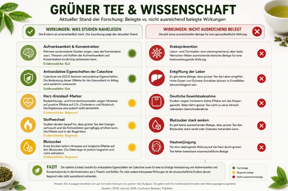 Infografik: Belegte und nicht belegte Wirkungen von grünem Tee im Ampel-Format